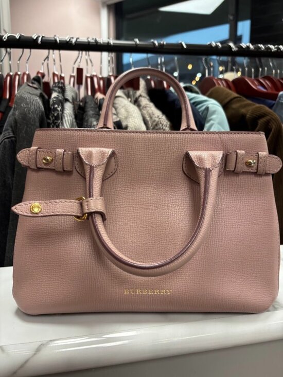 Burberry Handbags - Burberry Pale Orchid Derby Leather House Check Small Banner Tote Bag
